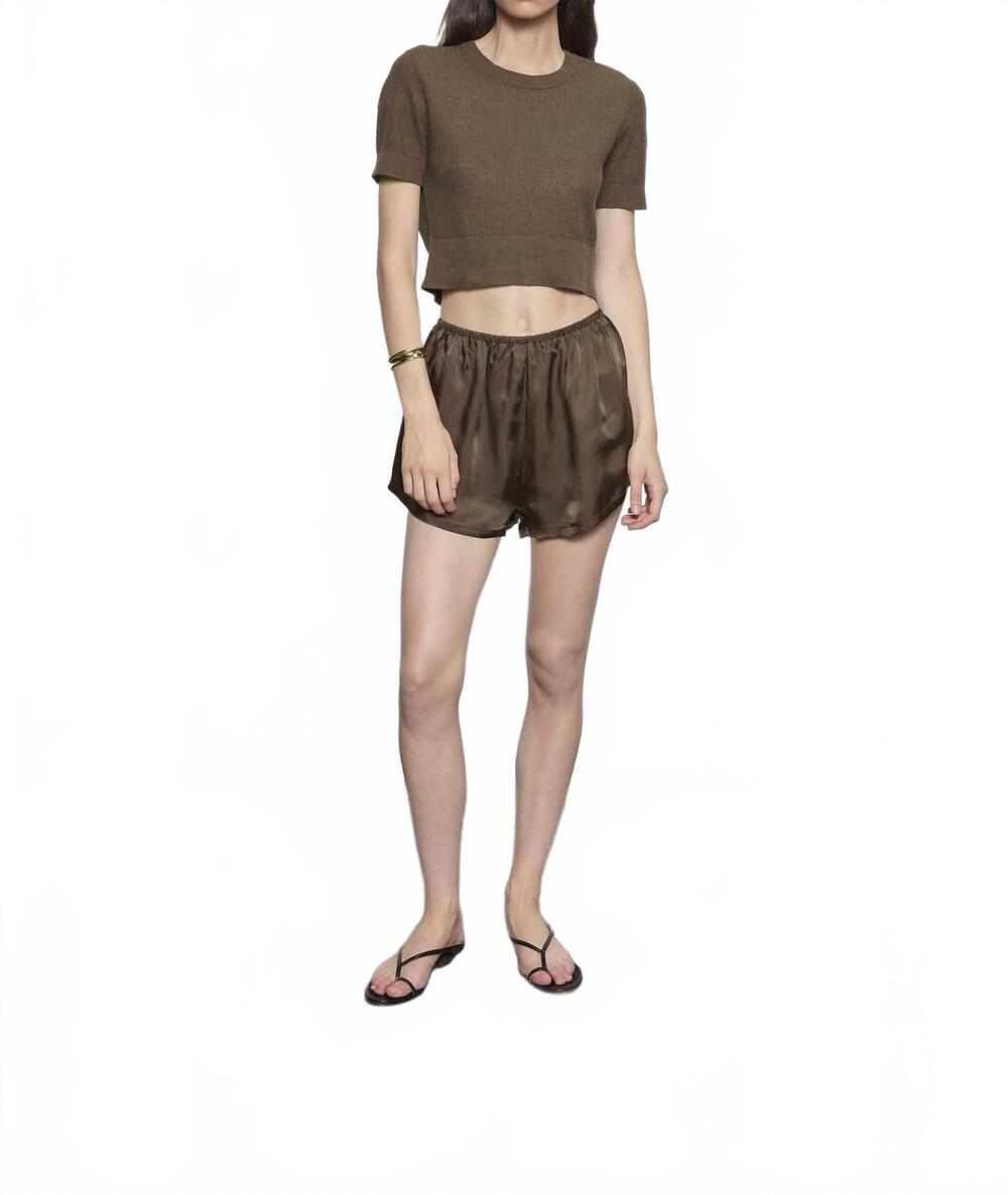 NEW ENZA COSTA linen open knit cropped short sleeve sweater in chocolate